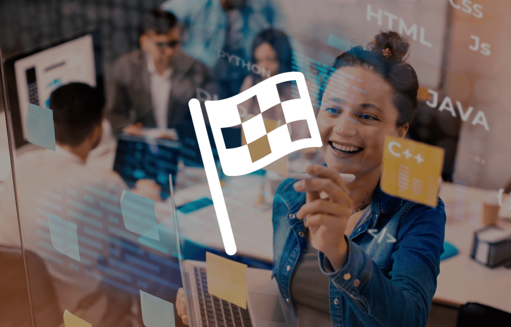 imagen de equipo de trabajo en reunión, con un ícono de bandera de objetivo