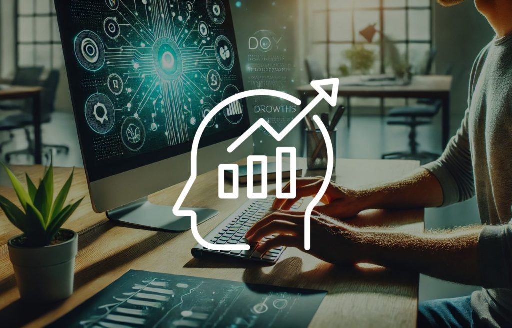 imagen de persona en una computadora, sobre la imagen un ícono de una cabeza con una gráfica y una flecha ascendente