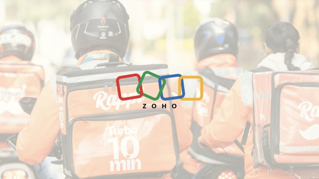 Imagen de motos de rappi sobre superficie clara, en el medio destaca el logo de zoho