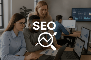 equipo de trabajo reunido + ícono de seo con una lupa y una flecha ascendente