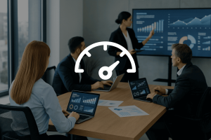 equipo de trabajo en una reunión, sobre la imagen un ícono de velocímetro