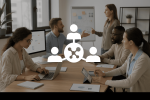 reunión de equipo de trabajo, sobre la foto un ícono que simboliza la conexión entre personas